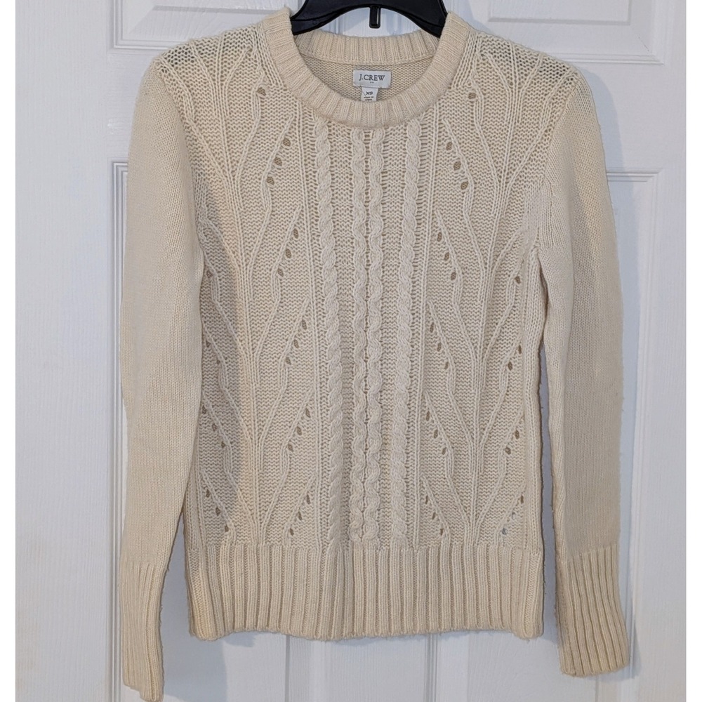 J.Crew Ivory Cable Knit Lambswool Blend Crewneck Sweater XS Cream Pointelle NWOT
